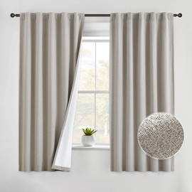 Beauoop Linen 100% Blackout Curtains 63 Inches Long 2 Panels for Bedroom Living Room Taupe with White Back Farmhouse Room Darkening Thermal Insulated Back Tab Rod Pocket Window Treatment Drapes, 40X63