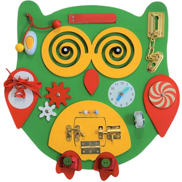 Sensory4u Owl Sensory Activity Busy Board - Montessori Experience - Quiet Play Latches Tying Spinning Buttoning