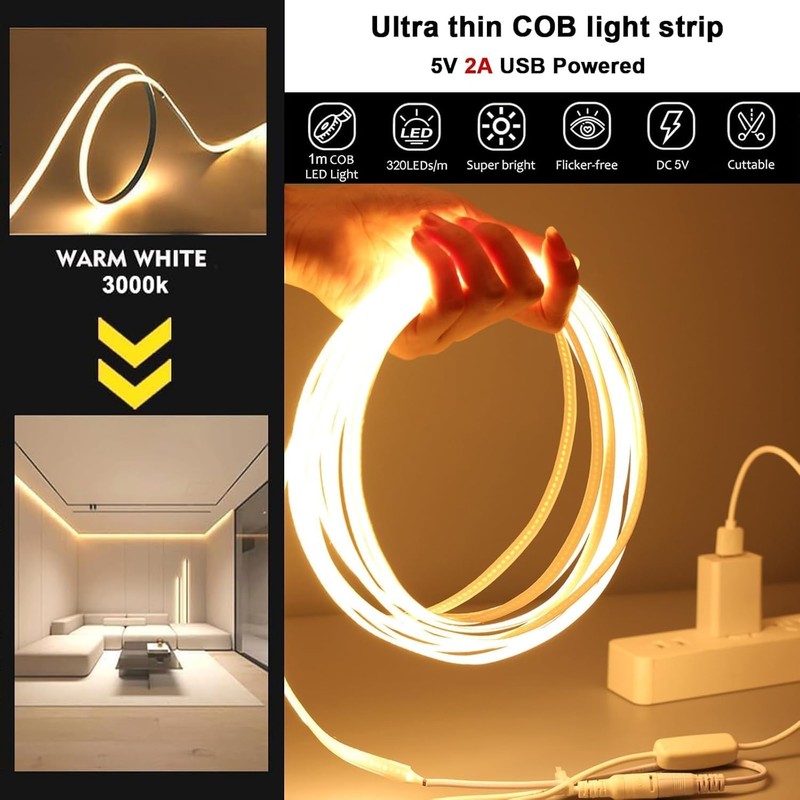 USB COB LED Strip Light with Controller, Warm White, 50
