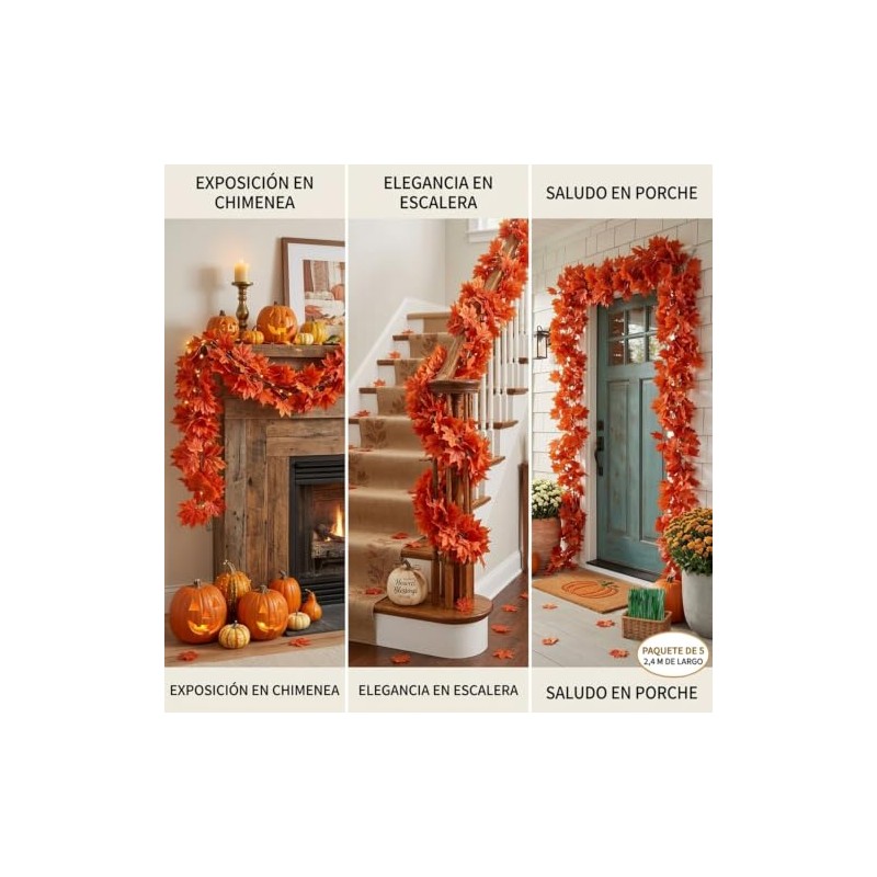 5Pcs Guirnalda de Hojas de Arce para Otoño，Decoración Halloween,7.4M largo