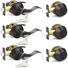 Probrico Front Door Handle 3 Sets-Front Door Entry Lever and Single Cylinder Deadbolts Combination Set, Keyed Alike Interior Exterior Door Lock, Oil Rubbed Bronze Door Handlesets Wave Shape