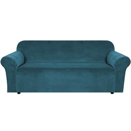 H.VERSAILTEX Stretch Velvet Sofa Covers for 3 Cushion Couch Covers Sofa Slipcovers with Non Slip Straps Underneath The Furniture, Crafted from Thick Comfy Rich Velour (Sofa 72"-96", Deep Teal)