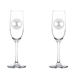 MIP Set of 2 Glass Champagne Flutes Sparkling Wine Glasses Celtic Tree Of Life Irish (8 oz Stemmed)