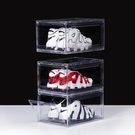 3 Pack Acrylic Shoe Boxes, Clear Shoe Boxes Stackable, Shoe Storage Box Drop Front, Acrylic Shoe Organizer, Extra Large Shoe Display Case, Shoe Boxes with Magnetic Door, Shoe Display Fits US Size 15