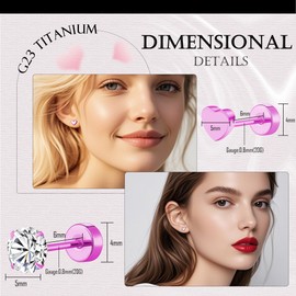 FACOKO 2 Pairs Women Earrings, Nickel Free Titanium Flat Back Earring, Pink Heart Earrings Stud, CZ Cartilage Stud Earrings, Hypoallergenic Screw Back Earring(5mm-Pink-Heart&CZ Flat Back)