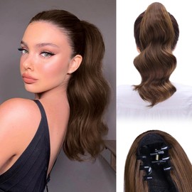 HSLHDI Claw Clip Ponytail Extension,14 Inch Light Brown Curly Wavy Ponytail Claw Clip in Hair Extension for Women Fluffy Natural Looking Synthetic Hairpiece for Daily Use(14 Inch,Light Brown)