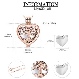 Tree of Life Urn Necklaces for Ashes Heart Shape Cremation Jewelry Memorial Keepsake Jewelry Gifts for Women Men Memorial Lockets Ashes Holder for Pet (Rose gold)