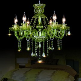 Bagood 6 Lights Green K9 Crystal Candle Chandeliers Lighting Modern Pendant Lights Ceiling Fixture Lamp for Dining Living Room Bedroom Hallway Entry Elegant Decoration E12 Base, H20.5 x W23.6 Inch