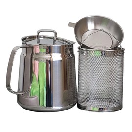 68oz/2L 304 Stainless Steel Oil Filter Pot with Strainer And Deep Fryer Basket for Kitchen & Camping. Kitchen Mini Oil Fryer & Filter Cup Combo,Pasta Vegetable Pot for One,Suits All Stoves. (Bright)