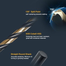 BeHappy 29Pcs Cobalt Drill Bit Set, 135 Degree Tip High Speed Steel with Black and Gold Finish, Stainless Steel, Plastic and Wood with Metal Indexed Storage Case 1/16"-1/2"