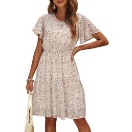 Manydress Women’s Casual Summer Boho Dresses Chiffon Floral Print Ruffle Sleeve Flowy Skater MY112 (Beige Print, M)