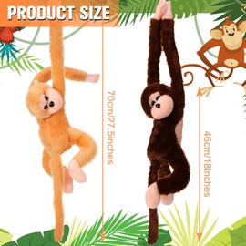 Chivao 2 Pcs Hanging Monkey Stuffed Animal, Monkey Plush with Hook and Loop Fasteners Hands Stuffed Monkey Toy for Birthday Party Favors Decorations, Brown and Khaki (28 Inch)