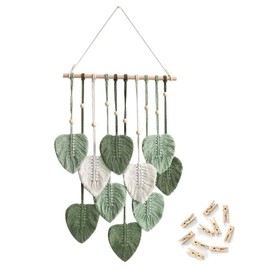 SZETOSY Macrame Tapestry, Green Leaves with Wooden Pegs, Wall Hanging, Handmade Tapestry, Photo Clips, Holder, Boho Decorative Macrame Tapestry with Wooden Beads, Art Woven Leaves