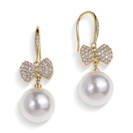 JeanBeau Gold Pearl Bow Dangle Drop Earrings for Women Cute Ribbon Bowknot Earing Dangling Prom Wedding Fashion Jewelry Gift