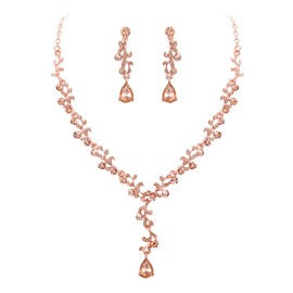 EleQueen Rose Gold-Tone Champagne Austrian Crystal Necklace Earrings Bridal Jewerly Set for Brides Wedding Party Dress Costume Accessories for Women