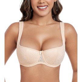 DotVol Women's Lightly Padded Balconette Bra Lace Demi Balcony Push Up Underwired Bralette(Beige#1,38DD)