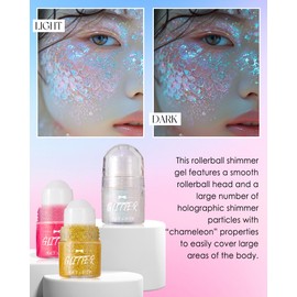 Roll–on Body Glitter Gel for Face&Hair,Neo Violet Long Lasting Glitter Stick,Chunky Chameleon Holographic Glow Body in The Dark Glitter Gel,Festival Party Rave Accessories Shimmer Makeup for Women-02