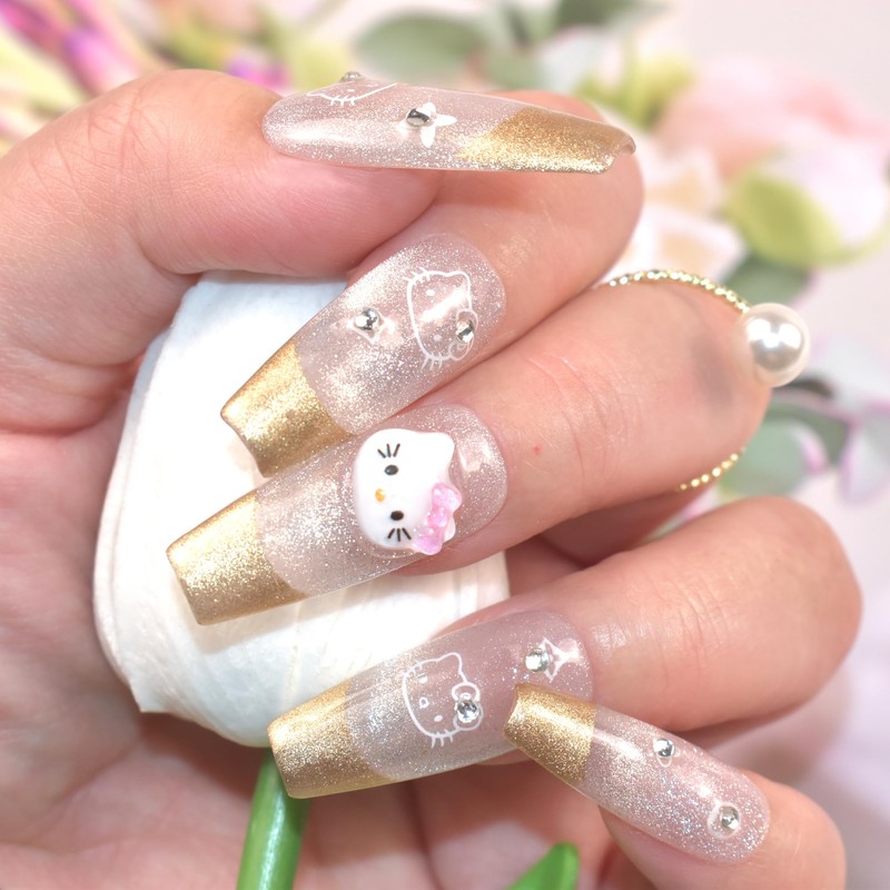 LIFOOST Handmade French Press On Nails Long Coffin Magic Mirror