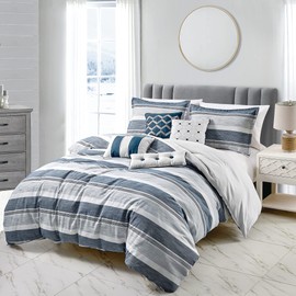 Chezmoi Collection Cabana 7-Piece Jacquard Comforter Queen Size - Yarn-Dyed Navy White Trendy Striped Lightweight Comfy Bedding for All Season