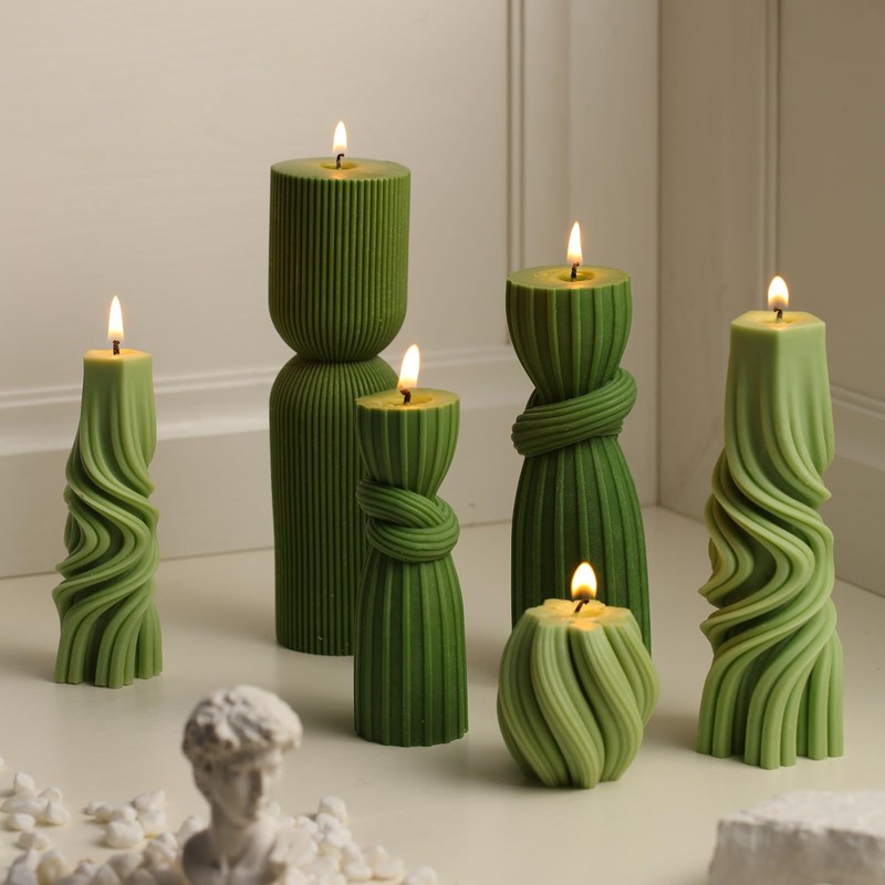 Threlaco 6 Pcs Ribbed Pillar Candles, Green