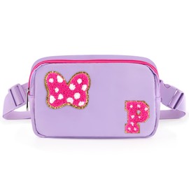 Chenille Initial Letter Bow Mouse Fanny Pack, Waterproof Park Crossbody Bag Christmas Birthday Gifts for Teen Girls Daughter Women Kids Adults, Cute Belt Bag Must Haves for Park Travel (P, Purple)