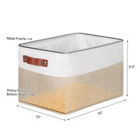 Univivi 15 inch Foldable Fabric Storage Baskets 4PC Rectangle Storage Bins with PU Handles|Hard Bottom Large Organizer Basket for Shelves,Closet Organizing (Khaki-15”X10.5”X9.5”)