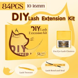 QUEWEL DIY Lash Extension Kit, 84PCS Lash Clusters Kit 10-16mm Fox Eye Eyelash Clusters Fluffy Cluster Lashes with Lash Bond and Seal Eyelash Glue, Lash Tweezers for Beginners Use at Home(Fox Kit)