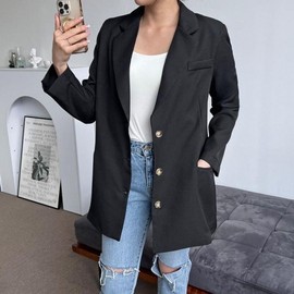 Women's Spring Long Linen Jacket Basic Black/XL