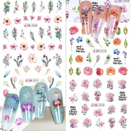 12 Pcs Flower Nail Art Stickers, Water Transferr Nail Stickers Decal Cute Small Flower Leaves Acrylic Nail Art Decoration Spring Summe Watercolor Nail Decals for Women Girls DIY Manicure Supplies