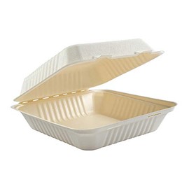 PrimeWare PLA-19 White Molded Fiber Hinged Lid Container, 9" Length x 9" Width x 3-3/16" Height, Large, PLA-Lined (Case of 160)