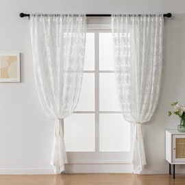LUGOTAL White Sheer Curtains 72 Inches Length 2 Panels Set, Embroidered Flower Pattern Curtain Light Filtering Rod Pocket Voile Window Curtains for Kitchen Bedroom Children Living Room Yard, W52 x L72