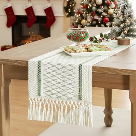 Hibate Sage Green Boho Table Runner for Home Decor Macrame Farmhouse Rustic Table Decoration for Living Room Bridal Shower Wedding Dinner Party Christmas New Year's (12" x 72")