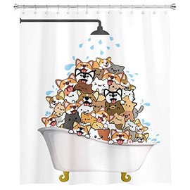 SVBright Cats and DogsÂ Shower Curtain Raining Kids Cartoon Corgi Cute Animal 60Wx72L Inch Hilarious Pets Playing WaterÂ 12 Pack Hooks Polyester Waterproof Fabric Bathroom Bathtub Panels