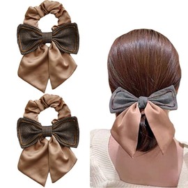 2 Pcs Black Brown Bow Hair Scarf with Ribbon Scrunchies for Women Girls, Ribbon Hair Ties with Bow, Chiffon Hair Ribbon Long Hair Bands Ties Ponytail Holder (Brown)