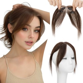 TESSHAIR Clip in Bangs Real Human Hair, Human Hair Clip in Bangs, Middle Part HairPieces, No Tangle & Smooth, 11g #02 Dark Brown