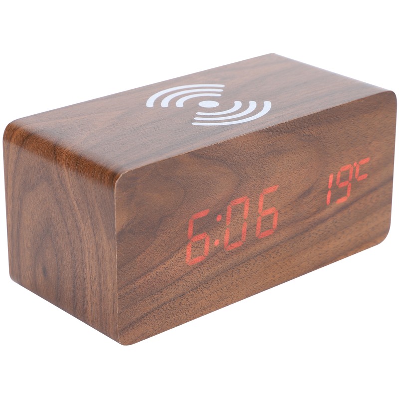 Wireless Charging Clock Digital LED Electronic Alarm Rectangular Wooden Bedside