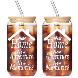 Muzuis House Warming Gifts New Home, Housewarming Gifts New Home Gift Ideas, New Homeowner Gifts, Closing Gifts for Home Buyers - 17 Oz Drinking Glass Iced Can Glass Cup with Bamboo Lid and Straw 2PC