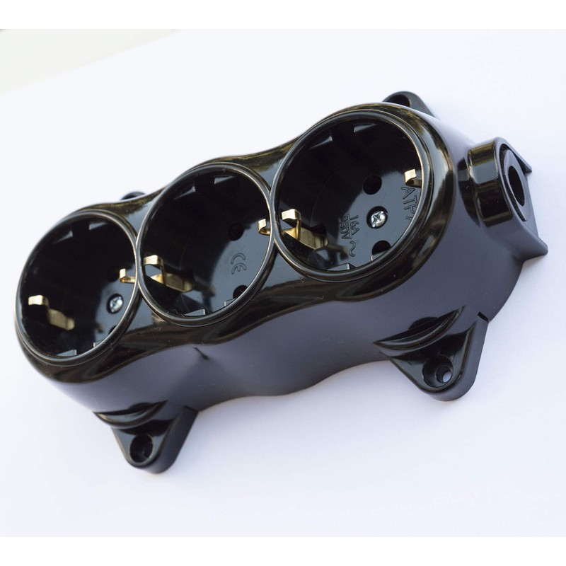 Socket fix, retro, 3-way, 16A-250V, surface-mounted, brass, thick, black, retro