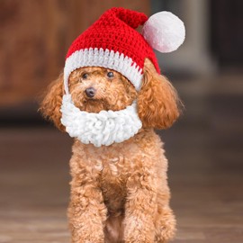 Huhumy Pet Christmas Red Hat Puppy Christmas Hat with Lovely Santa Beard Adjustable Christmas Pet Crocheted Hat and Soft Fluffy Beard Warmer Costume for Small Medium Large Cats Dogs Pets(Large)