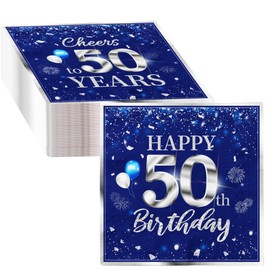 40 servilletas de 50 cumpleaños, decoración de fiesta, 50 años, color azul plateado, desechables, cumpleaños, bebidas, postres, decoración de mesa, 2 capas, color azul plateado para hombres