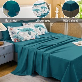 Bedbay 8 Pieces Nautical Bedding Set Sea Turtle Full Size Comforter Set with Sheets Turquoise Comforter Retro Turtle Bedding Set for Kids Boys Girls Ocean Themed Soft Fluffy Bed Set(Ocean,Full)