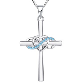 YL Cross Necklace Sterling Silver Infinity Heart Crucifix Pendant Created Aquamarine Criss Jewelry for Women