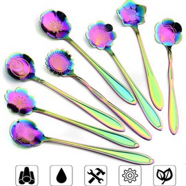 Flower Spoon Set Stainless Steel Teaspoons Reusable Coffee Stirrers Colorful Tea Scoops Coffee Spoon Tea Spoon Mixing Spoon Sugar Spoon, Ice Cream Spoon, Condiment or Spice Spoon, Set of 8ï¼Rainbow