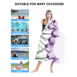 PANJINEXT Beach Towel Extra Large, Vintage Purple Tulip Transparent Watercolor Texture Absorbent Beach Blanket for Pool Outdoor Travel 31"x63", Lightweight Compact and Foldable