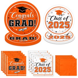 Graduation Party Plates and Napkins Orange Class of 2025 Grad Congrats Party Supplies Disposable Dessert Paper Plates Cocktail Napkins for Graduation Party Decorations,Serve 50