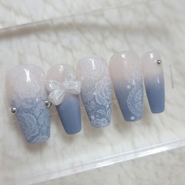 Vintage Denim Lace Handmade Nail Tips - Short Square / 빈티지 데님 레이스 수제네일팁 - 숏스퀘어
