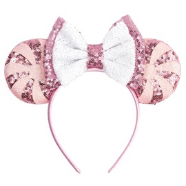 bianbaistar Pink Sequin Mouse Ear Headband – Adorable Candy Stripe Design with Bowknot, Perfect for Birthday Celebrations, Festivals, and Themed Party Costumes