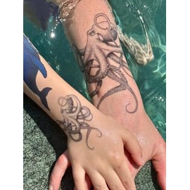 Matching Octopus Wrap Temporary Tattoo – Large 16x14cm + Small 8cm Realistic Tentacle Design for Hand & Arm – by Inkwear