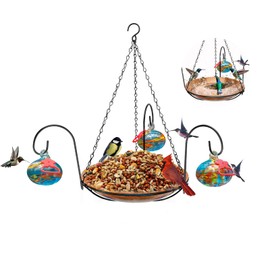 Wind Chimes Hanging Bird Feeders for Outdoors ＆ Bird Bath ＆ Hummingbird Feeders for Outdoors 3-in-1,Hand Blown Glass Hummingbird Feeder Balls,Detachable Bird Feeder ＆ BirdBath(11in)(Phoenix Tail Blue)