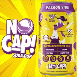 New! NO CAP! Passion Fruit, Prebiotic, Postbiotic Soda, Gut Soda, 5g Fiber, Zero Sugar, Caffeine Free, Vegan, Low Calorie, 12pk, 12oz, Next-Gen Soda